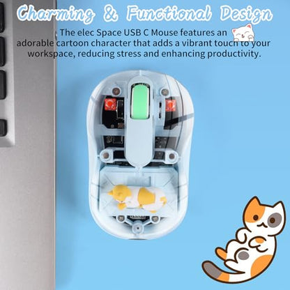 elec Space Cute Wireless USB C Mouse - Bluetooth Triple Mode Rechargeable Cartoon Mouse for Laptops, iPads & MacBook Air/Pro - Silent Operation, Portable Design, Unique Magnetic Character (Blue) - color: blue