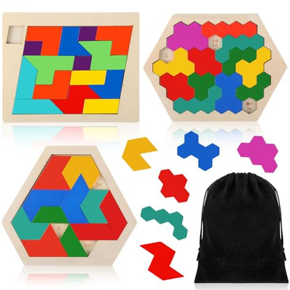 Yunsailing 3 Pack Large Wooden Blocks Puzzles Hexagon Tangram Puzzle Wooden Russian Brain Puzzles for Adult Challenge Teasers Geometric Jigsaw Logic Iq STEM Educational Gift Graduation(Multilateral) - style: Multilateral