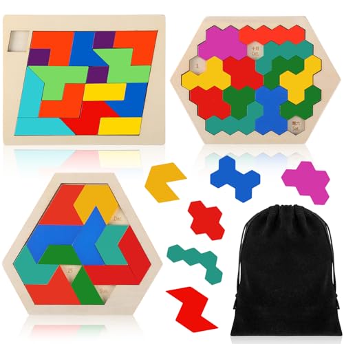 Yunsailing 3 Pack Large Wooden Blocks Puzzles Hexagon Tangram Puzzle Wooden Russian Brain Puzzles for Adult Challenge Teasers Geometric Jigsaw Logic Iq STEM Educational Gift Graduation(Multilateral) - style: Multilateral