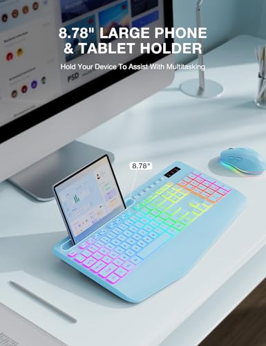 Wireless Keyboard and Mouse Combo, 9 Backlit Effects, RGB, 2.4GHz | Ergonomic Wrist Rest, Phone Holder, Rechargeable, Full Size, KM22 MAX Silent Set for Computer, Laptop, Mac, Windows (Blue) - color: Sky Blue