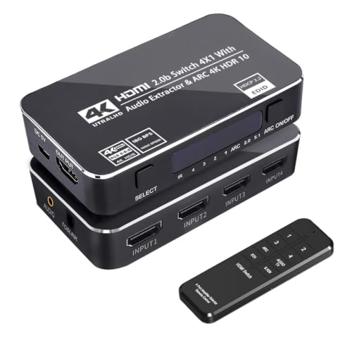 HDMI Switch 4x1 with Audio Extractor, 4K@60Hz Ultra HD HDMI Switcher with Optical TOSLINK SPDIF, 3.5mm Audio Support ARC Function, 3D, 1080P @120Hz, 4Kx2k @60Hz HDTV (IR Remote Control)