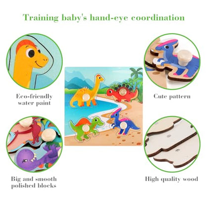 Wooden Peg Puzzles for Toddlers 1-3, Kids Educational Preschool Peg Puzzle Toy Ages 2-4, Set of 4 Dinosaur Toddler Puzzles, Ideal Gift for Ages 1 2 3 4 Boys and Girls - color: Style B