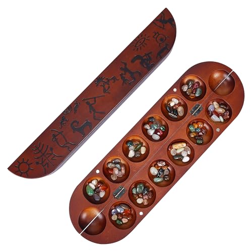 Offelec Wooden Mancala Board Game Set, Large 15.8 Inch Folding Board with 100 Multi Color Stones, 2-Player Classic Family Strategy Game for Kids & Adults, Portable Travel Mancala with Instructions - color: Upgraded Large Mancala Board
