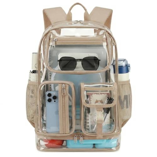 Heavy Duty Clear Backpack for Sport Event,16in BookBag with Shoe Warehouse | Gold See Through Stitch durable plastic Design 7-Pocket For School Adults work Warehouses Airport security,check events bag - color: Upgrad Gold