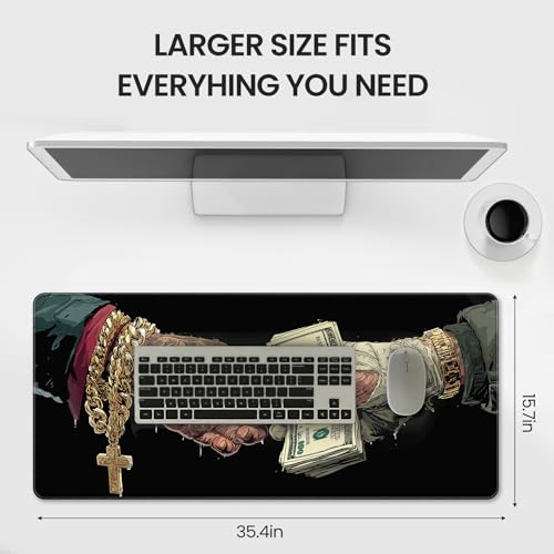 Extended Gaming Mousepad with Cross and Dollar Bill Designs, 35.4 x 15.7 inches, Featuring a Non-Slip Base and Waterproof Surface, Suitable for Home Office and Work environments. - color: With Us Dollar and Cross Design