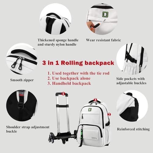 Rolling Backpack for Boys Kids Teens Elementary Wheeled School Bag with Wheels Trolley - color: Light Gray 6 Wheels, size: 6 Wheels