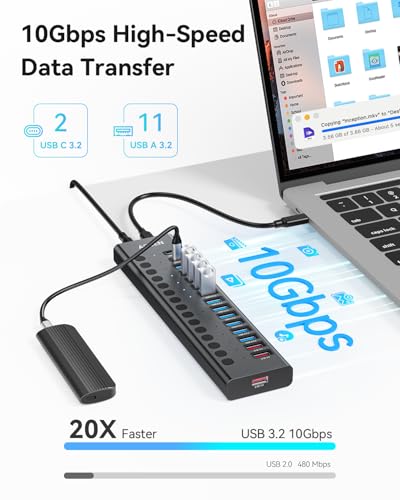 AGEEN 16-Port Powered USB 3.2 Hub-10Gbps SuperSpeed Data Splitter with 2 USB-C & 11 USB-A Ports, 3 x 24W QC 3.0 Fast Charging Ports, Individual On/Off Switches, 96W Power Adapter for Laptop, PC