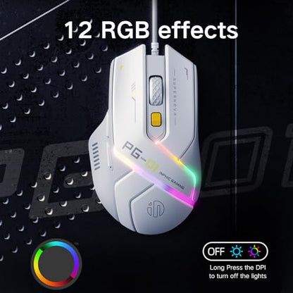 Uineer Lightweight Gaming Wired Mouse,12800 DPI Adjustable,6 Programmable Buttons,12 RGB Breathing Mice,Ergonomic USB Optical pc Gaming Mouse,for pc,Laptop and Desktop (White)