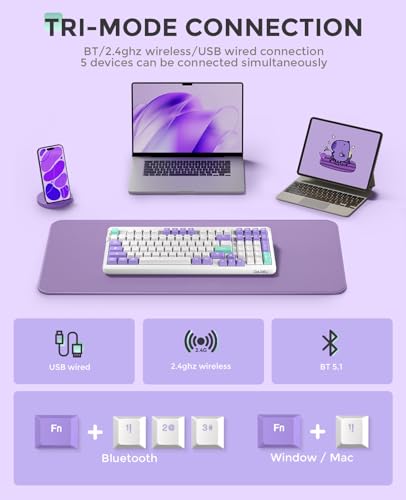 DAREU EK98pro Wireless Mechanical Keyboard, Gasket Hot Swappable Custom Structure, Creamy Pre-lubed Linear Switches, PBT Keycaps, BT5.0/2.4GHz/USB-C, RGB Backlit Gaming Keyboard for Win/Mac - color: Mystic Violet
