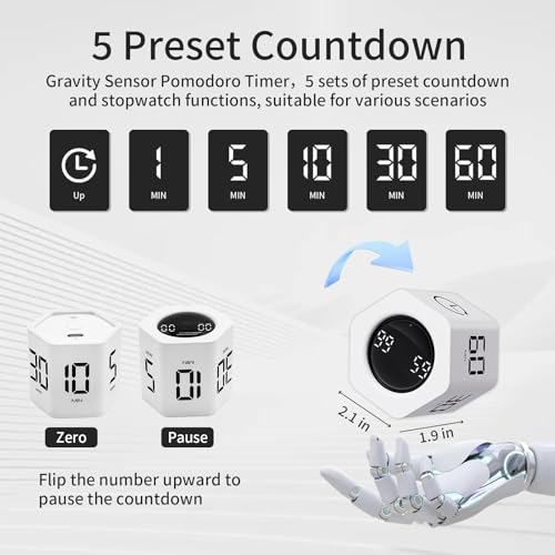 Productivity Timer Flip Gravity Sensor Cube Timer Countdown & Countup,Mute & Vibrate & Sound，5/10/30/60min & Custom Timing, Perfect for ADHD,Work,Learning,Kitchen Cooking (2, White Hexagon) - color: White*2 Hexagon
