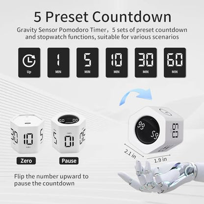 Productivity Timer Flip Gravity Sensor Cube Timer Countdown & Countup,Mute & Vibrate & Sound，5/10/30/60min & Custom Timing, Perfect for ADHD,Work,Learning,Kitchen Cooking (2, White Hexagon) - color: White*2 Hexagon