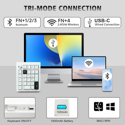 FKZ GMK26 Mechanical Numpad,Gasket VIA Macro Numeric Keypad Hot Swap Wireless 2.4G/BT5.0/Wired USB-C RGB Backlit 26 Keys Mini Protable Number Keyboard Programmable for Win/Mac/Gaming (White) - color: White