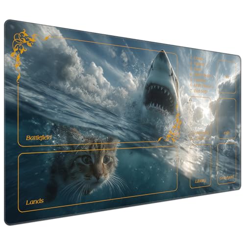 DEGDFSGR for MTG Playmat with Zones 24 x 14 inches for TCG Playmats Non-Slip Rubber Base Commander Play Mat for MTG Mat Iorcana Trading Card Game, Funny Cat Great White Shark - color: Funny Cat Great White Shark, size: 24" x 14"