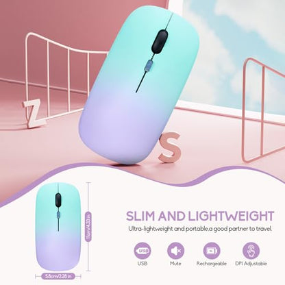 Wireless Bluetooth Mouse,LED Dual Mode Rechargeable Silent Slim Laptop Mouse,Portable(BT5.2+USB Receiver) Dual Mode Computer Mice,for Laptop,Desktop Computer,ipad Tablet,Phone,Mac(Green purple) - color: Gradient Green purple
