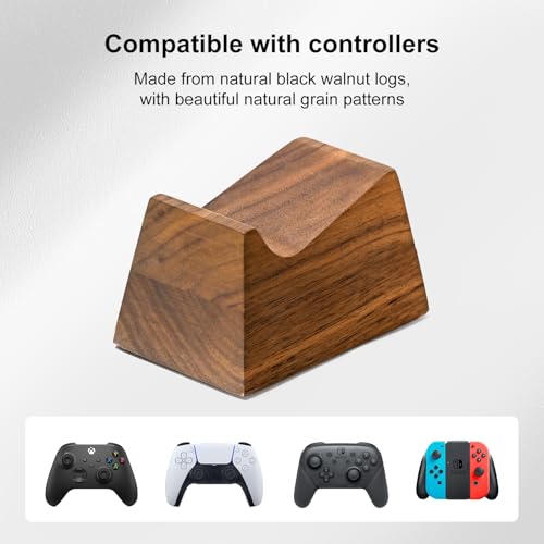 UPERGO Walnut Headphone Stand with Controller Holder & Storage Base | Solid Wood Grain, Gear & Charger Storage, Gamer Gift for PS5 Xbox Controllers, Desk Accessories