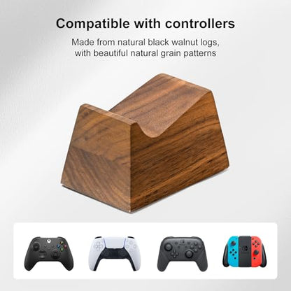 UPERGO Walnut Headphone Stand with Controller Holder & Storage Base | Solid Wood Grain, Gear & Charger Storage, Gamer Gift for PS5 Xbox Controllers, Desk Accessories