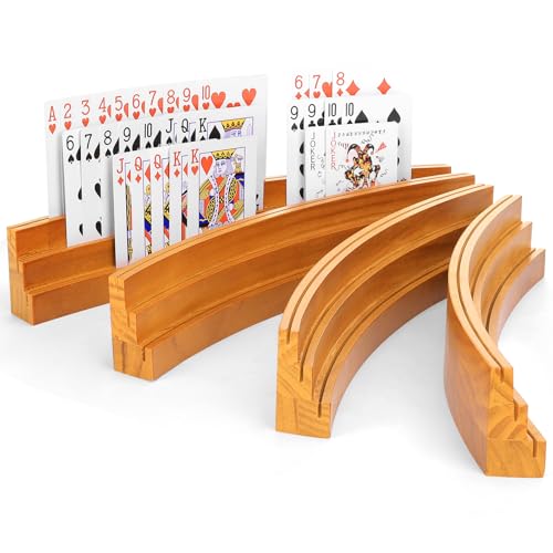 BOBOKA Playing Card Holders for Kids Adults Seniors, Set of 4 Curved Wood Cards Holders for Playing Cards, 3 Tiers, Hands Free Cards Holders for Family Card Game Night, Canasta, Bridge, Poker Parties - color: Dark Yellow, size: 4 Pack