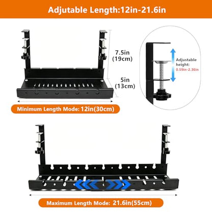 Under Desk Cable Management Tray, Expandable 25.2inch-38.6inch No Drill Clamp-On Wire Organizer, Heavy Duty Metal Cord Hider for Standing Desk Home Office, Black