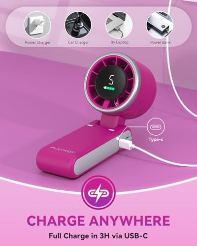 PlayHot Portable Handheld Turbo Fan, Travel Essentials, Gifts for Women/Men | 5-Speed, Up to 12H, 10m/s Airflow, USB-C Rechargeable, LED Display, 3-in-1 Foldable Personal Fan for Cruise, Beach, Vacation - color: Magenta