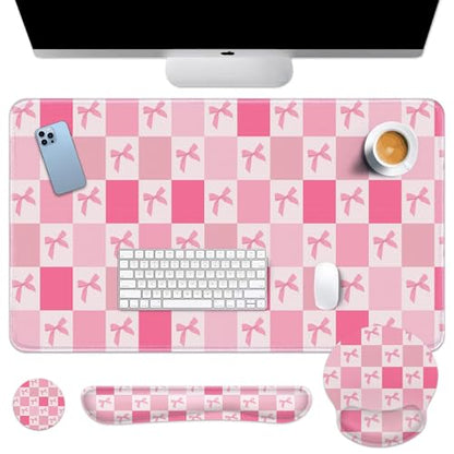Arttown Keyboard Mouse Pad Set, 4 in 1 Desk Mat Set Kawaii Cute | Pink Checkered Bow Large Mousepad+Keyboard Wrist Rest+Mouse Wrist Rest+Coaster Ergonomic Design for Home Office Computer - color: Pink bow lattice