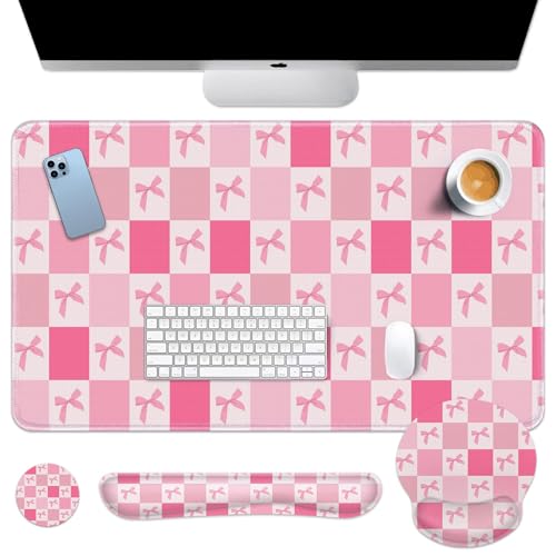 Arttown Keyboard Mouse Pad Set, 4 in 1 Desk Mat Set Kawaii Cute | Pink Checkered Bow Large Mousepad+Keyboard Wrist Rest+Mouse Wrist Rest+Coaster Ergonomic Design for Home Office Computer - color: Pink bow lattice