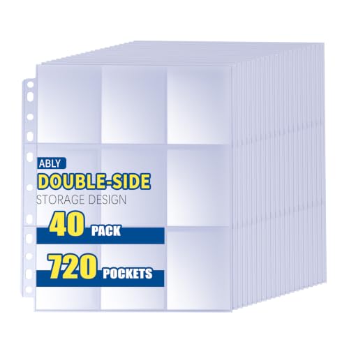 ABLY 720 Pocket Double Sided Card Sleeves, 9-Pocket, for 3 Ring Binder | 40 pages, trading card protector sheets for Pokemon, baseball, Skylanders, clear plastic, fit 3-ring binder - size: Double-Sided