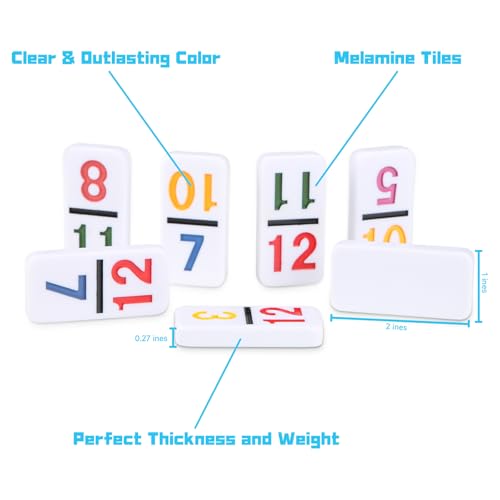 Mexican Train Numbers Dominoes with 4 Wood Trays, Color Double 12 Numerical Domine Set for Adults and Family, Classic 91 Tiles Board Grame with Waterproof Case