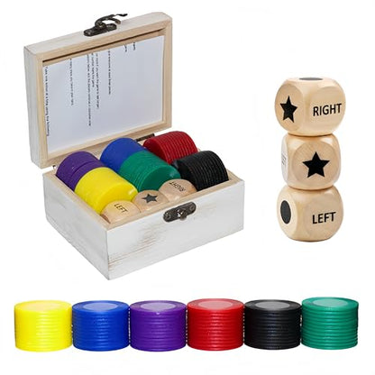 Left Right Roll Dice Game Set - 3 Wood Dice & 72 Plastic Chips | Wooden Box, Portable Travel Party Game, For Family, Friends, Adults - White - color: White