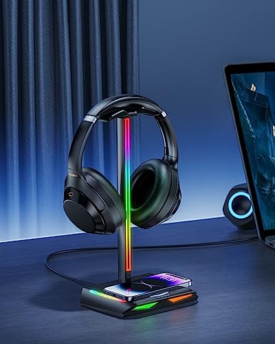 New Bee RGB Headphone Stand with 2 USB-C & 1 USB Charging Ports, Desk Gaming Headset Holder with 7 Light Modes and Non-Slip Rubber Base Suitable for All Earphone Accessories | 2 USB-C & 1 USB Charging Ports, 7 Light Modes, All Earphone Accessories