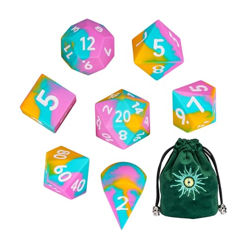 7-Piece Jumbo Silicone DND Dice Set, 25mm Oversized D&D Dice | Round Edges Soft Perfect Bouncer Compatible with Dungeons and Dragons RPG Bar Pub Club Party Games - color: Pink&cyan&yellow