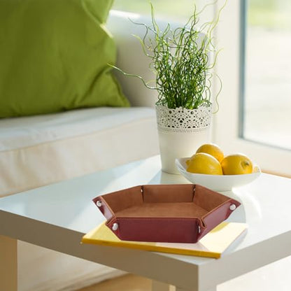 TOYANDONA Hexagon Pu Leather Dice Tray Foldable Dice Storage Box Brown Felt Lined for Tabletop RPG Board Games