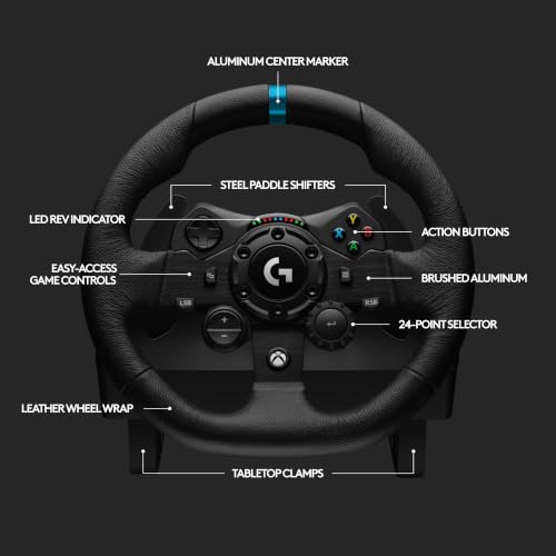 Logitech G923 Racing Wheel and Pedals for Xbox X|S, Xbox One and PC Featuring TRUEFORCE up to 1000 Hz Force Feedback, Responsive Pedal, Dual Clutch Launch Control, and Genuine Leather Wheel Cover - style: Xbox|PC
