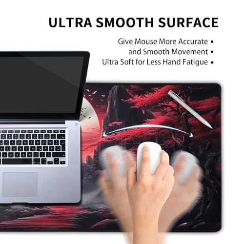 Black Red Japanese Mouse Pad XXL Moon Sakura Cherry BLoosm Tree Extended Table Mat 90X40 cm Non-Slip Rubber Base Stitched Edge Large Mousepad for Gaming Laptop Computer Desk Top 35.4×15.7 Inch - color: Black Red Japanese-a, size: 35.4 x 15.7 inches
