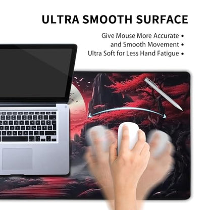 Black Red Japanese Mouse Pad XXL Moon Sakura Cherry BLoosm Tree Extended Table Mat 90X40 cm Non-Slip Rubber Base Stitched Edge Large Mousepad for Gaming Laptop Computer Desk Top 35.4×15.7 Inch - color: Black Red Japanese-a, size: 35.4 x 15.7 inches