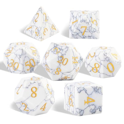 Synthetic Turquoise Marble Dice Set, 7-Piece Polyhedral Dice for Dungeons & Dragons (D&D), Pathfinder, MTG, Tabletop RPG Gaming, Natural Texture Dice with Gold Numbering (White) - color: White
