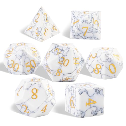 Synthetic Turquoise Marble Dice Set, 7-Piece Polyhedral Dice for Dungeons & Dragons (D&D), Pathfinder, MTG, Tabletop RPG Gaming, Natural Texture Dice with Gold Numbering (White) - color: White