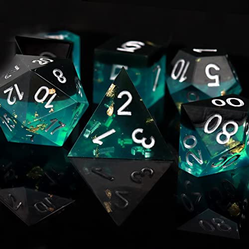 Haxtec Sharp Edge DND Dice Set, Gold Flakes Resin Polyhedral RPG Dice | Blue Black D&D for Table Games, Compatible with Dungeons and Dragons, Handmade 7-Die with Metal Case, MTG Gifts, War Series - color: Blue Black