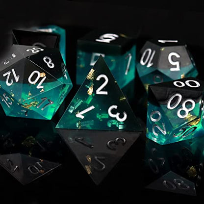Haxtec Sharp Edge DND Dice Set, Gold Flakes Resin Polyhedral RPG Dice | Blue Black D&D for Table Games, Compatible with Dungeons and Dragons, Handmade 7-Die with Metal Case, MTG Gifts, War Series - color: Blue Black