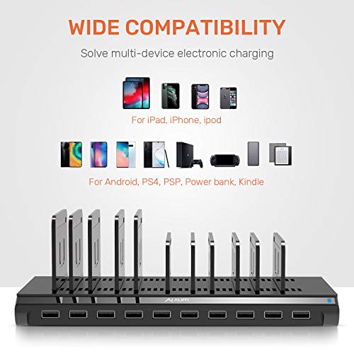 Alxum 10 Port USB Charging Station, 60W Mobile Charging Station with Multi-Port USB Fast Charger Stand for Mobile Phone, Tablet and More,Black - size: 60W (10 Ports)