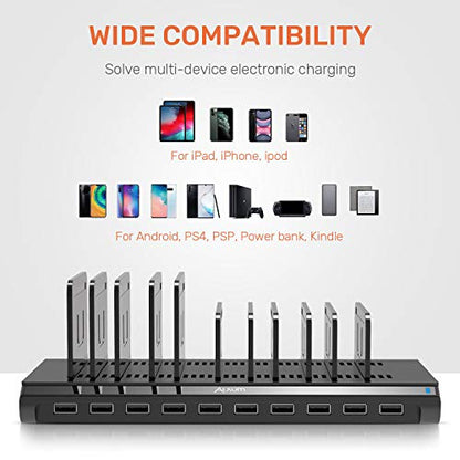 Alxum 10 Port USB Charging Station, 60W Mobile Charging Station with Multi-Port USB Fast Charger Stand for Mobile Phone, Tablet and More,Black - size: 60W (10 Ports)