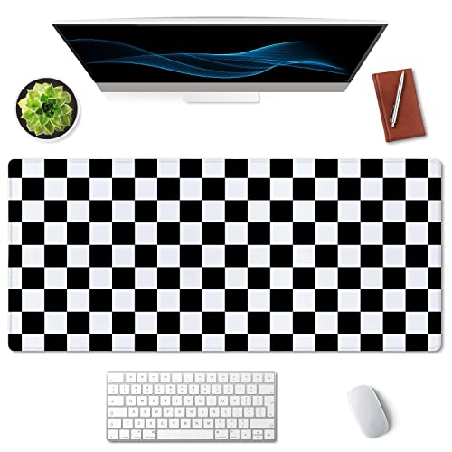 SSOIU Checkered Desk Mat Extended Gaming Mouse Pad (35.5x15.7 in), Large Stable Rubber Base Mousepad with Stitched Edges, Keyboard Mouse Mat Desk Pad for Work, Game, Office - Black White Checkerboard - color: Black and White Checkerboard