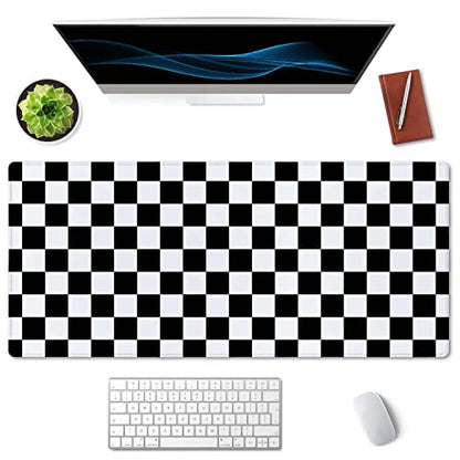 SSOIU Checkered Desk Mat Extended Gaming Mouse Pad (35.5x15.7 in), Large Stable Rubber Base Mousepad with Stitched Edges, Keyboard Mouse Mat Desk Pad for Work, Game, Office - Black White Checkerboard - color: Black and White Checkerboard