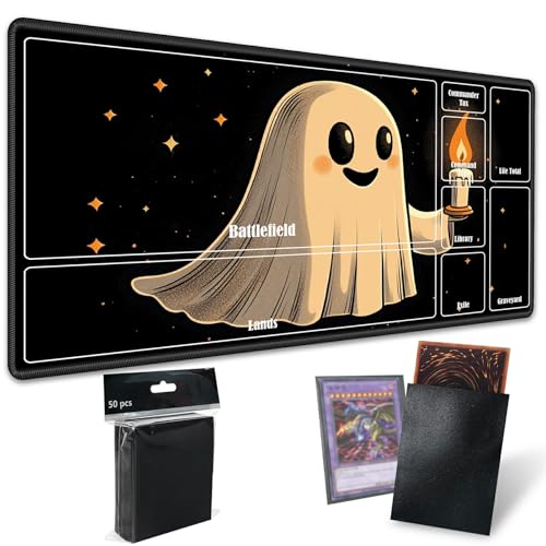 MTG Playmat with Zones, TCG Card Game Play Mat with Stitched Edges, Non-Slip Rubber Base Gaming Desk Mat, Smooth Surface 24 x 14 Inch, Halloween Ghost Candles - color: Halloween Ghost Candles, size: Zone 1