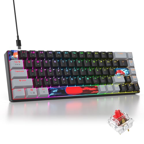 Black and Grey Mechanical Gaming Keyboard 65%, 68 Keys Small Wired RGB Keyboard with PBT Keycaps, Anti-Ghosting for Game/Office - color: 68 Dark/Red Switch