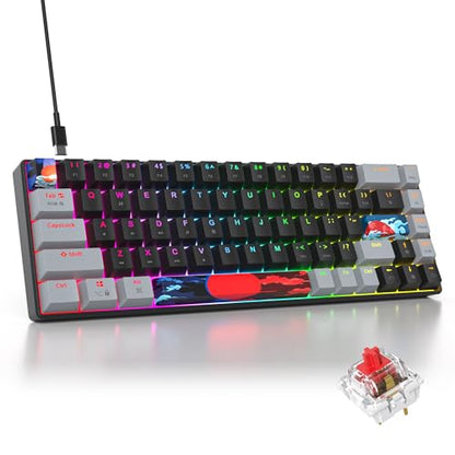 Black and Grey Mechanical Gaming Keyboard 65%, 68 Keys Small Wired RGB Keyboard with PBT Keycaps, Anti-Ghosting for Game/Office - color: 68 Dark/Red Switch