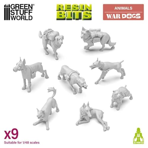 Green Stuff World War Dogs Miniatures Set – 1:48 Scale Unpainted Resin Figures for Tabletop Games, Dioramas, and Miniature Painting – 3D Printed Fantasy Creatures for Hobby & RPG Collections