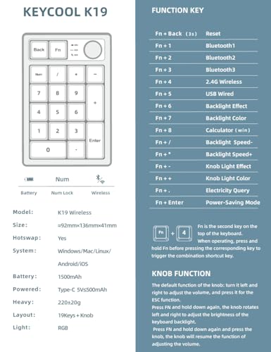 Wireless Mechanical Numpad Barebones Kit, Gasket Programmable DIY | Macro Numeric Keyboard, 19-Key Custom Number Pad with Metal Volume Knob, Hot Swappable, RGB Backlit, NKRO for Win/Mac, White - color: Barebones Kit