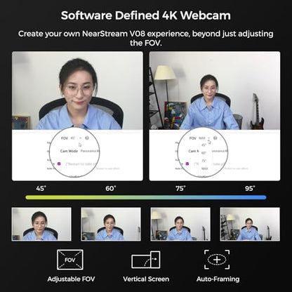 NearStream 4K Webcam for PC with AI Auto Framing and Noise-Canceling Mic | Autofocus, 45°-95° Adjustable FOV, Plug & Play, Software Control, 4K for Streaming, Video Calls and Content Creation - style: 4K@30FPS,1080P@60FPS