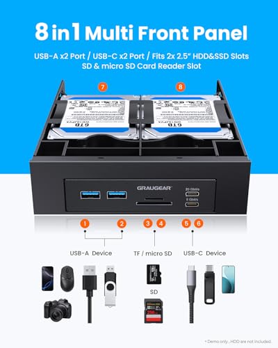 GRAUGEAR 5.25” Front Panel USB Hub, Internal SD/microSD Card Reader for Desktop PC, Gen2x2 20Gbps USB-C Port, Dual 2.5" SSD/HDD Slots, USB3.2 Type-E Key-A & USB3.0 19-Pin Header