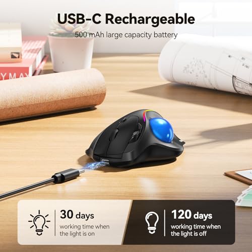 TECKNET Wireless Trackball Mouse, Bluetooth Mouse with Ergonomic, Black | 3-Device Connectivity (Bluetooth & 2.4G), 5 Adjustable DPI, RGB Lighting, PC, Mac & Laptop Compatible - color: Black